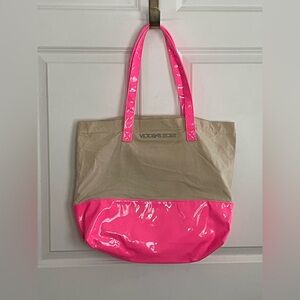 Victoria’s Secret Tote Bag Beige Canvas Hot Pink Patent Straps Beach Bag